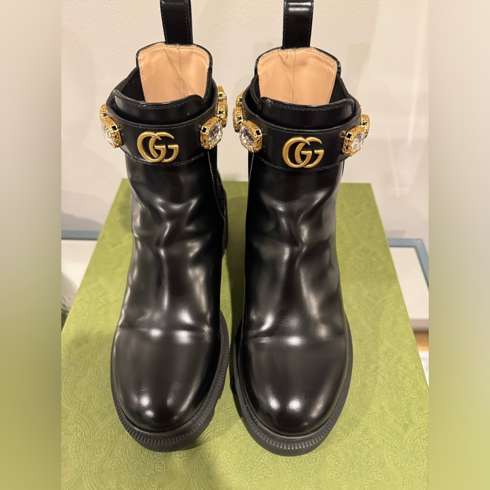 GUCCI Women's Trip Embellished Block Heel Chelsea Boots with Ankle Belt
